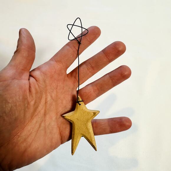 Primitive Farmhouse Christmas Yellow Wooden Star Ornament - Picture 3 of 4